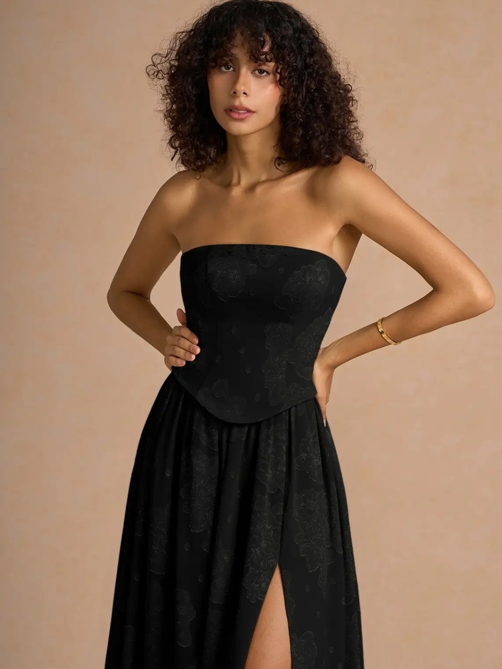 Azazie Isaura Black Strapless Floral Jacquard Corset Maxi Dress